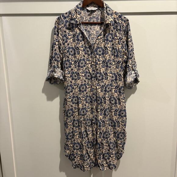 La Mer Luxe Shirt Dress Womens Small Blue Floral Button Up Pockets‎ Rayon Boho - Picture 2 of 15